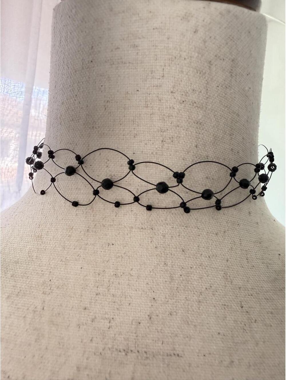 Black Beaded Wire Web Choker Necklace